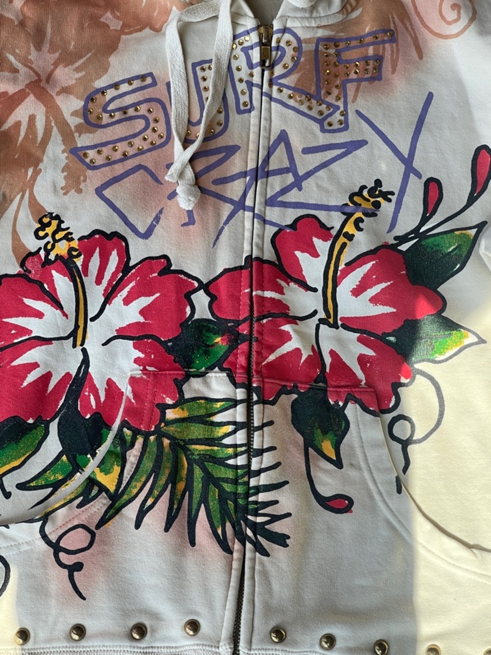 Ed Hardy Cream Hoodie with Purple and Gold Stud Accents - Picture 3 of 13
